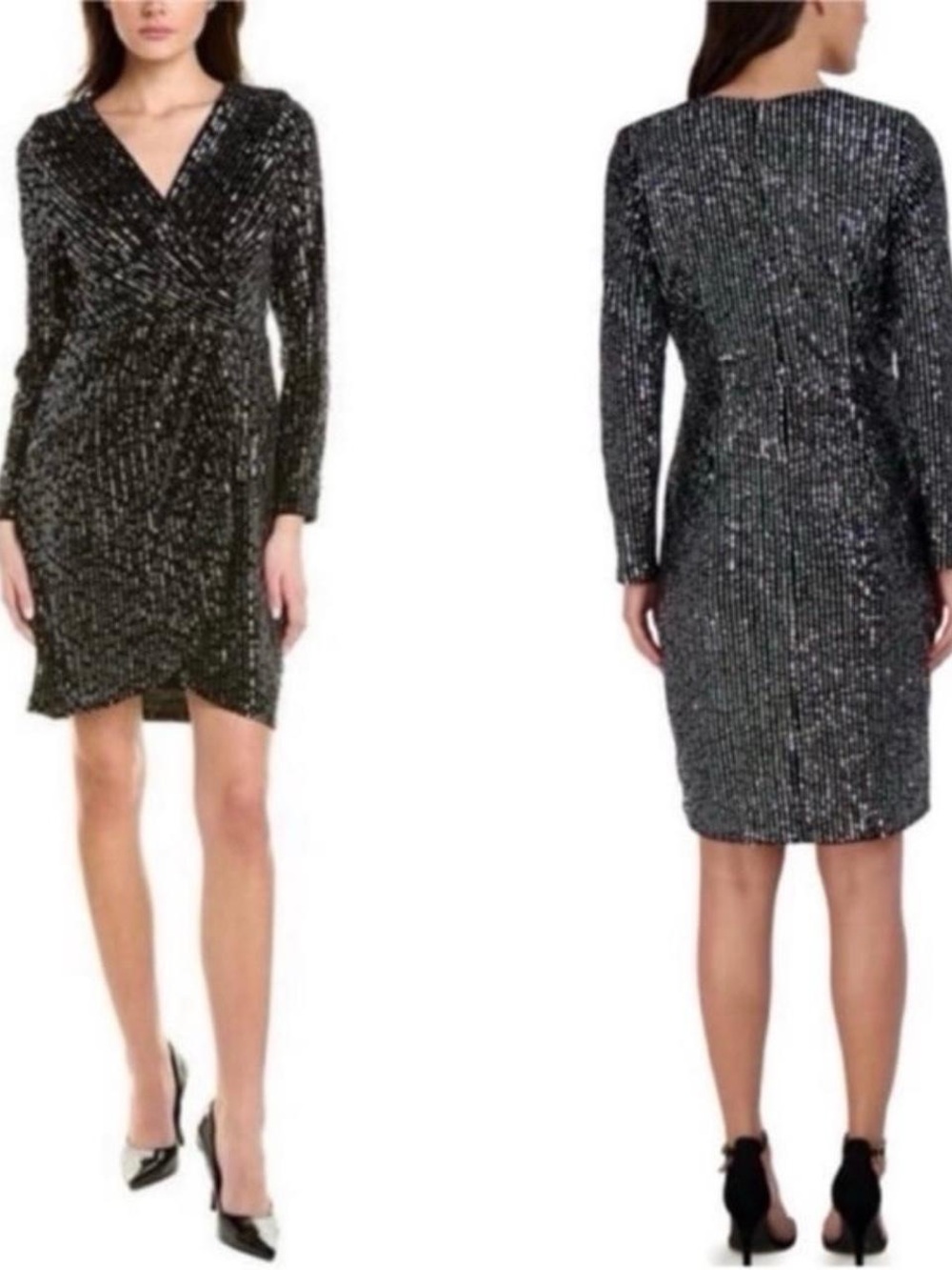 julia jordan Black Sequin V-Neck Long Sleeve Wrap Dress